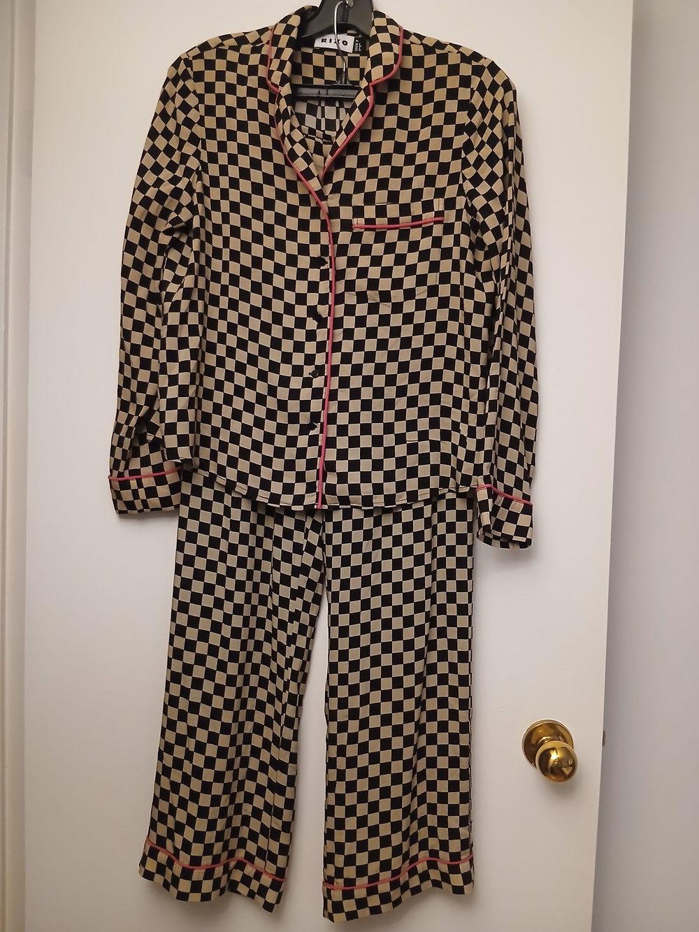 RIXO Black and Cream Checkerboard  Pajama Set with Pink Trim